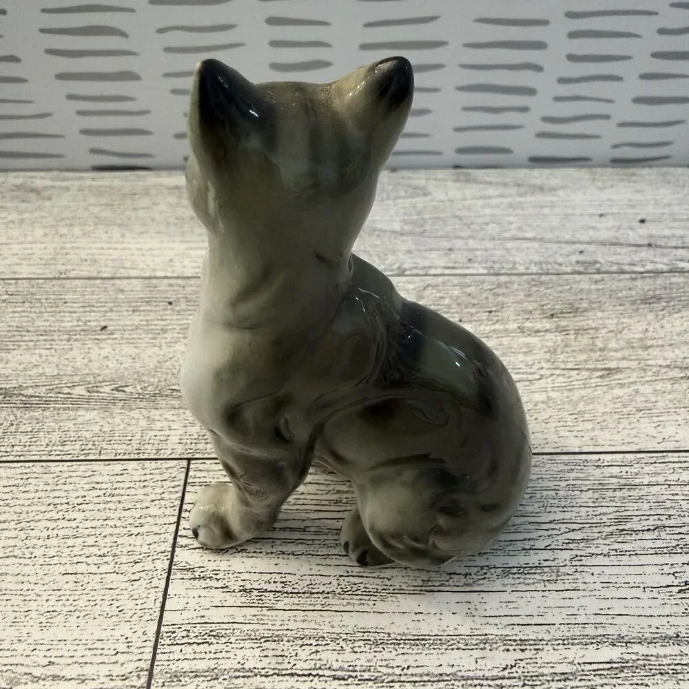 Vintage Bone China Gray Tabby Cat Kitty Figurine MCM